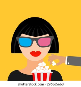 Brunet Girl At The Cinema Theatre In 3D Glasses Hand Steal Popcorn.  Black Dress Flat Design Style Icon.  