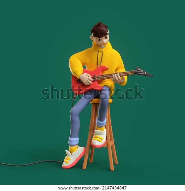 Brunette music lover wears a yellow hoodie,\
blue jeans sits on bar stool plays solo on a red guitar. String\
instrument lessons in music school, education. 3d render in minimal\
style on green\
backdrop.