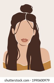 Brunette woman with long hair and a bun on the head. Faceless abstract woman portrait.