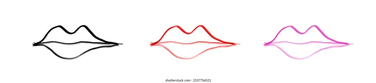 Brush drawn lips set. Minimal water colour lip icon, hand drawn grunge mouth symbol, rough stroke brush lips illustration