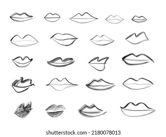 Brush Drawn Lips Set. Minimal Water Colour Lip Icon, Hand Drawn Grunge Mouth Symbol, Rough Stroke Brush Lips Illustration