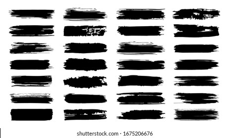 Brush paint strokes. Texture brushes and modern grunge brush lines. Ink brush artistic design element for frame design.  isolated elements set. Grungy black swatches. Rough smears and stains