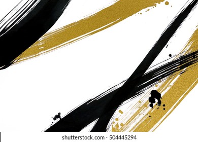 Brush Painted Black And Gold  Line With Drops On White Background