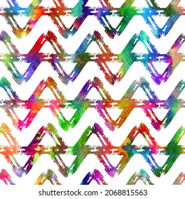 Brush Stroke Geometric Grung Pattern Seamless in Rainbow Color Background. Gunge Collage Watercolor Texture for Teen and School Kids Fabric Prints Grange Design with line