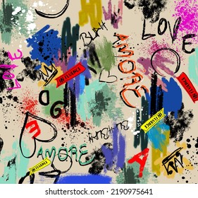 Brush Stroke Paint In Green Purple Pink Colors. Abstract Creative Acrylic Grunge Fresh Stroke Splash. Splatter Background With Dots. Paintbrush Spray Shape Dirty Lines