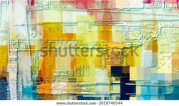 Brush strokes, colorful glass, transparent rectangles. Irregular gradients, dark stains, abstract summer colors background. Artistic banner, wall art, digital texture
