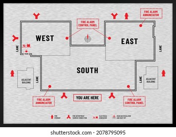 Brushed Metal Fire Emergency Plan Or Evacuation Diagram Signage Of A Commercial Complex Or Shopping Mall. Marked Locations Of Fire Equipment, Gas Shut Off And Generator Used For Evacuation Procedures.