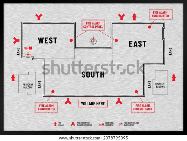 Brushed metal fire emergency plan or\
evacuation diagram signage of a commercial complex or shopping\
mall. Marked locations of fire equipment, gas shut off and\
generator used for evacuation\
procedures.
