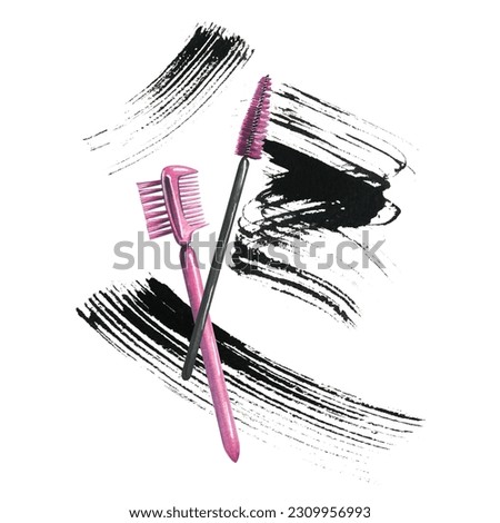 Brushes for combing eyelashes and eyebrows with a smear of black paint, mascara. Watercolor illustration, hand drawn. Isolated composition on a white background.