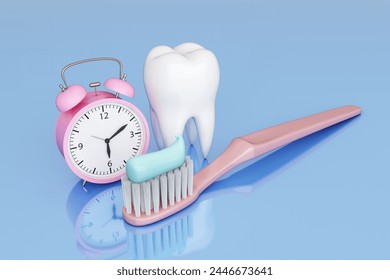 Brushing your teeth regularly and hygienically. Maintaining cleanliness teeth and mouth. 3D objects is alarm clock, toothbrush, teeth and toothpaste on blue background. Clipping path. 3D Illustration.