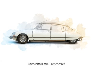 BRUSSELS, BELGIUM - FEBRUARY 16, 2014: Illustration Of A White 1968 Citroën DS, The Classic, Elegant, Streamlined French Automobile, Isolated