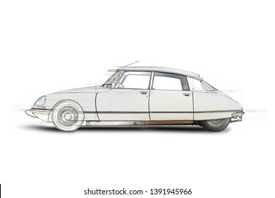 BRUSSELS, BELGIUM - FEBRUARY 16, 2014: Illustration Of A White 1968 Citroën DS, The Classic, Elegant, Streamlined French Automobile, Isolated