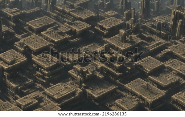 Brutal city of an alien civilization. Entire\
surface of the planet is covered with futuristic houses and\
buildings. 3d\
illustration