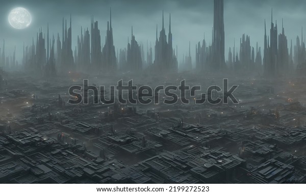 Brutal city of an alien civilization. Entire
surface of the planet is covered with futuristic houses and
buildings. 3d
illustration