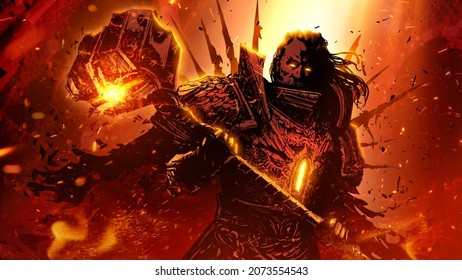 The brutal cleric is an old man, in heavy, magical, plate armor with patterns and sparks of magic, he holds a huge magic hammer standing in the fire, his eyes glow, divine light falls on him. 2d art