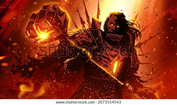 The brutal cleric is an old man, in heavy, magical,\
plate armor with patterns and sparks of magic, he holds a huge\
magic hammer standing in the fire, his eyes glow, divine light\
falls on him. 2d art