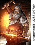 A brutal dwarf blacksmith forges a sword with a hammer, swinging for another blow with his hammer, he is pot-bellied and muscular with a long beard and hair, standing at the anvil in his forge. 2 art