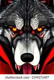 Brutal Evil Wolf Portrait, Glowing Wolf Eyes. Red Color, Big Head. 3d Illustration