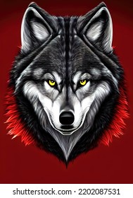 Brutal Evil Wolf Portrait, Glowing Wolf Eyes. Red Color, Big Head. 3d Illustration