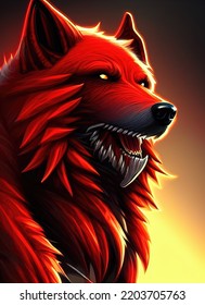 Brutal Evil Wolf Portrait, Glowing Wolf Eyes. Red Color, Big Head. 3d Illustration