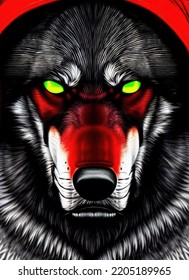 Brutal Evil Wolf Portrait, Glowing Wolf Eyes. Red Color, Big Head. 3d Illustration