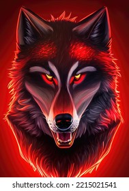 Brutal Evil Wolf Portrait, Glowing Wolf Eyes. Red Color, Big Head. 3d Illustration