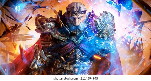 A brutal gnome in the heaviest plate armor with beautiful patterns walks across the battlefield destroying enemy catapults into splinters with his runic magic clenching an iron fist. 3d rendering