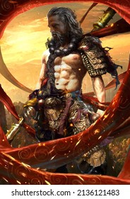 A brutal gray-haired warrior man with a muscular naked torso dressed in the Asian style of the monkey king, he stands proudly on the mountain in the sunset rays with a staff in his hands. 2d art