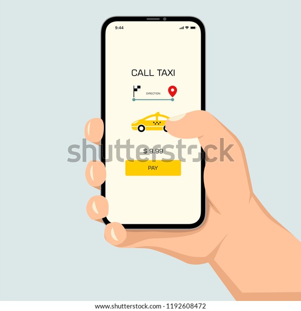Brutal human hand holding smartphone with\
taxi application ui flat style\
illustration.