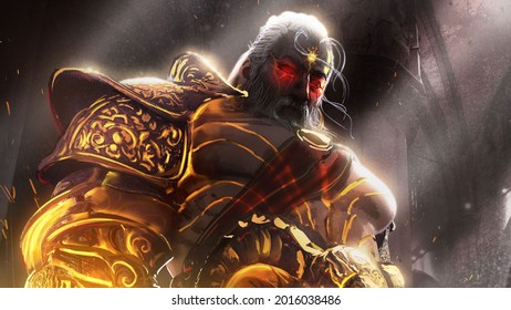 A Brutal, Muscular Warrior, A Martial Artist With Golden Brass Knuckles Glowing With Lava Holy Magic, He Stands Proudly Dramatically Illuminated By The Light In The Ruins Of The Temple. 2d Art.