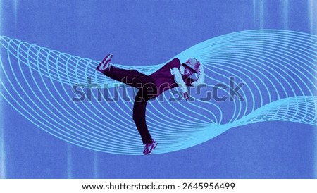 Brutalist digital composition. Tech-inspired dancer is suspended against a backdrop of futuristic light waves. Concept of modern dance fusion with technology and innovation.