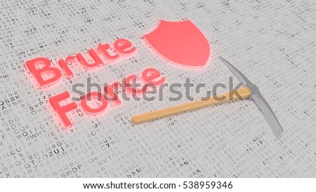 Brute force attack concept with a pick axe and shield on white letter background 3D illustration