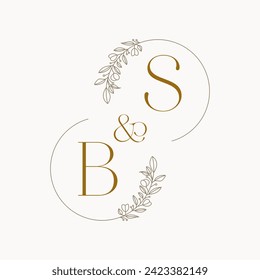 BS Logo initials wedding monogram logo design in simple brown circle leaf frame