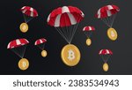 btc, Bitcoin, airdrop coins falling for a cryptocurrency concept, many coins going parachute chute down falling bounty. white background. symbol and ticker icons. 4k 3D rendering