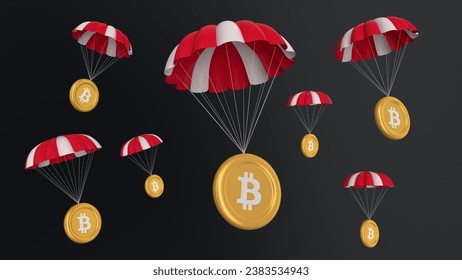 btc, Bitcoin, airdrop coins falling for a cryptocurrency concept, many coins going parachute chute down falling bounty. white background. symbol and ticker icons. 4k 3D rendering