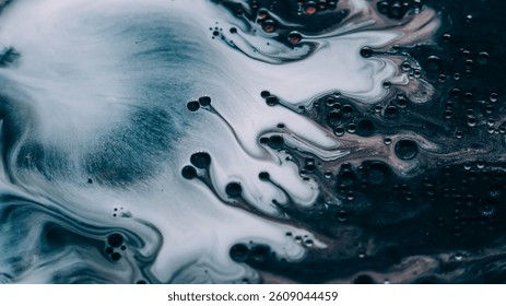 Bubble fluid. Oil liquid texture. Defocused dark black white paint in water round shiny drop spreading on abstract art background.