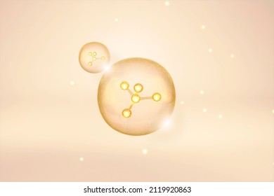 Bubble Of Gold Serum And Molecules With Glow Light. Face Serum And Skin Treatment. 3D Rendering