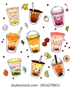 Bubble tea set  Isolated ice cold pearl milk tea beverage in glass   plastic takeaway cup icon collection  Raster Asian summer bubble tea drink design illustration