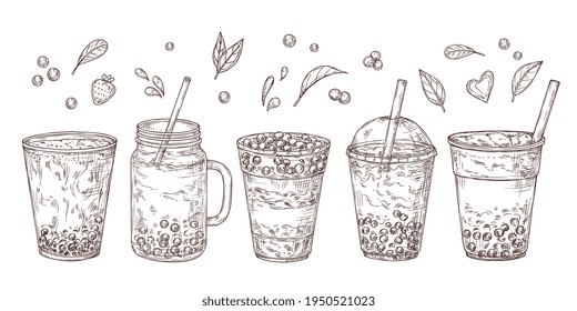 Bubble tea  Sketch summer drink  flavored teas graphic  Isolated delicious asian cold milk dessert  Cup yummy beverages illustration