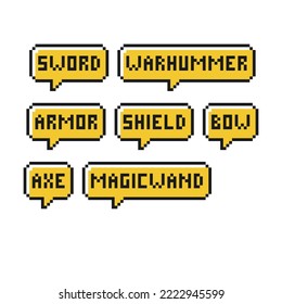 Bubble text, pixel bubble text. Greetings sword, warhummer, armor, shield, bow, axe, magicwand. isolated. - Powered by Shutterstock