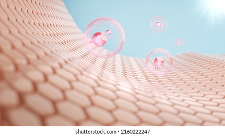 Bubble Water Serum On Skin Cell. Sunscreen Molecules Protected UV Light Concept. 3D Rendering