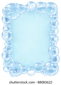 Bubbles Frame And Transparent Bath Soap Suds With  Bubble Foam Border Composition As A Clean Blue Bath Washing And Freshness Symbol Of Cleanliness.