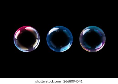 BUBBLES ISOLATED ON BLACK BACKGROUND, WATER AIR BUBBLY SPHERES BACKDROP