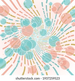Bubbles on vortex. Geometric digital art in turquoise and pink tones on a background made with line segments.
