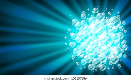 Bubbles and transparent soap sud bubble background with a burst of light rays radiating from a group of spheres as clean blue symbols of  cleaning washing and freshness.