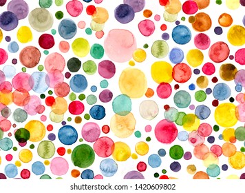 Bubbles Watercolor circle shape pattern. Bright polka dot on white background.seamless pattern. Watercolor background design bubbles, Elegant and colorful isolated bubbles. modern art and classic seamless pattern for wallpaper, textile , beautiful dots, polka dots , colorful dots for covering and painting 
