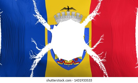 Bucharest, Capital Of Romania Flag With A Hole, White Background, 3d Rendering