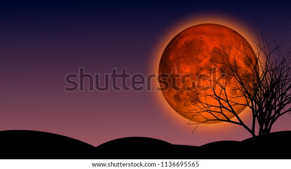 Buck Moon or full moon in July of the year, also\
called blood moon, illustration design background with creepy tree\
on the mountain and stars field, Element of this image furnished by\
NASA.