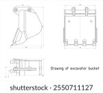 Bucket of earthmoving machine. 
Technical drawing of tractor part.
Engineering mechanical design of excavator tool
with dimension lines. Industrial 
cad scheme on paper sheet. 
Technology background.