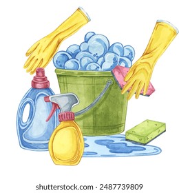 Bucket, rubber gloves, cleaning solution or detergent bottle. Watercolor illustration of household cleaning utensils. Clipart for home maintenance, housekeeping, janitorial or maid service, flyer - Powered by Shutterstock